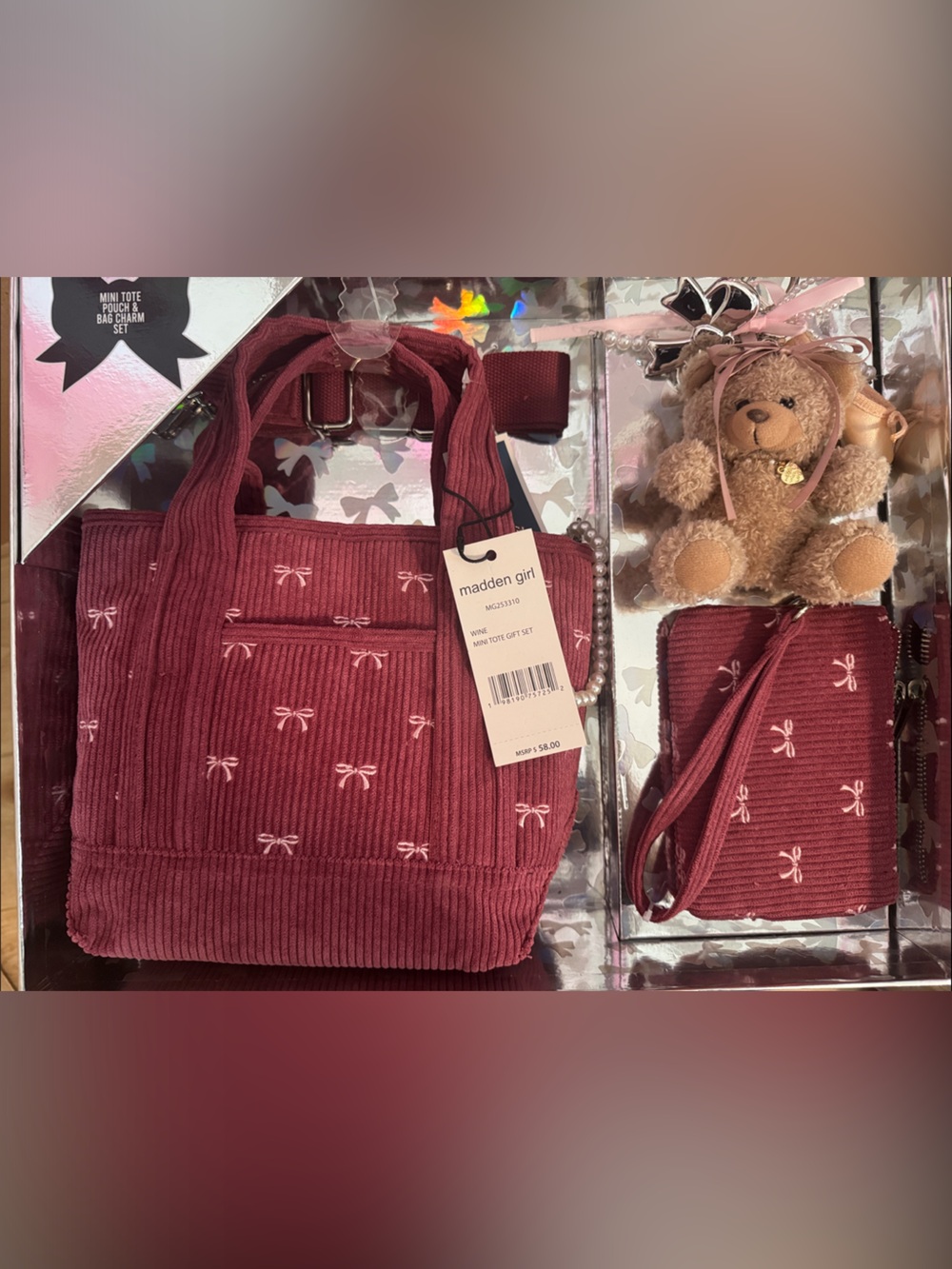 Madden Girl Burgundy Corduroy Mini Tote & Crossbody Set with White Embroidery